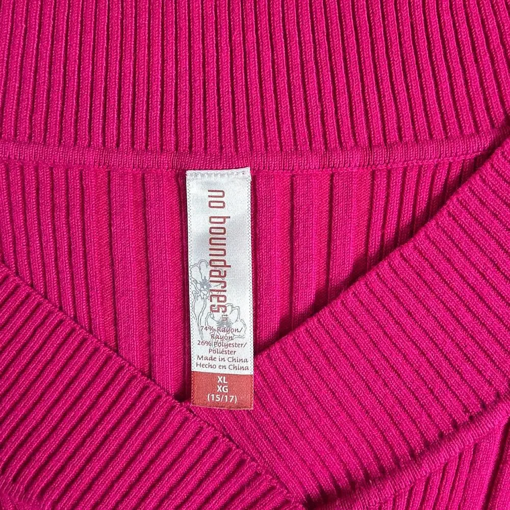 No Boundaries Fuchsia Ribbed Knit Long Sleeve Juniors XL V-Neck Stretch Casual